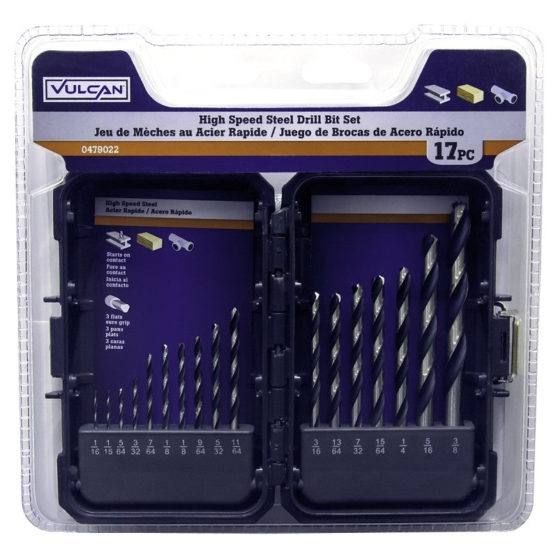 Vulcan 871140OR Plastic Case Drill Bit Set, 17-Piece, High-Speed Steel, Black Oxide/Polished