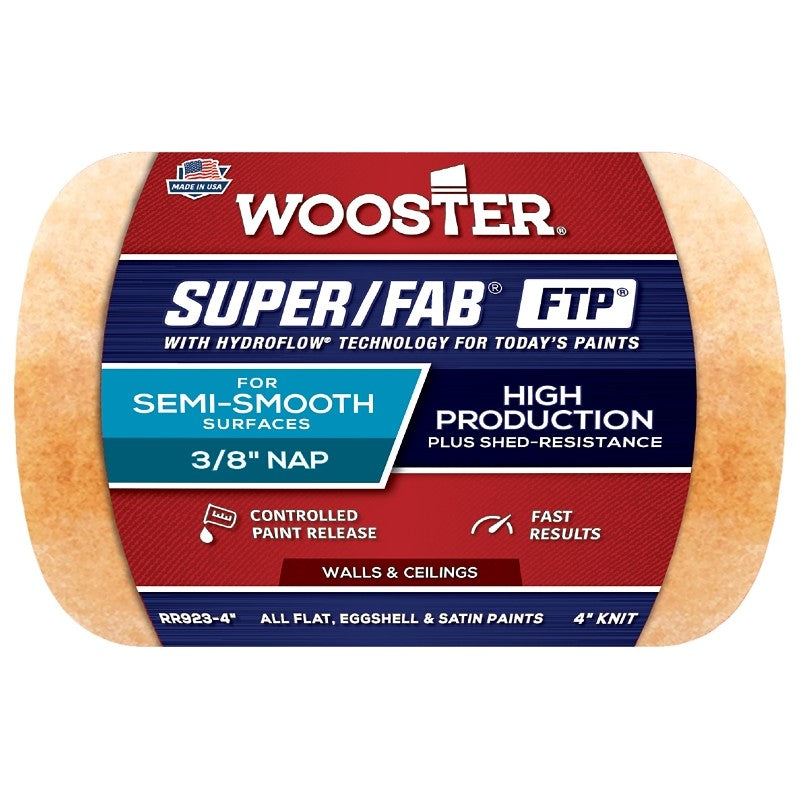 Wooster RR923-4 Roller Cover, 3/8 in Thick Nap, 4 in L, Fabric Cover, Lager