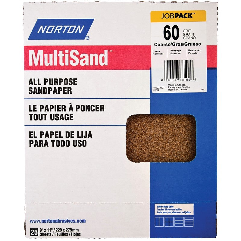 Norton Adalox 07660700152 Sanding Sheet, 11 in L, 9 in W, Coarse, 60 Grit, Aluminum Oxide Abrasive, Paper Backing (Pack of 50)