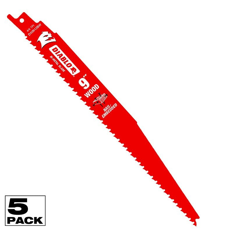 Diablo DS0912BW5 Reciprocating Saw Blade, Bi-Metal, Applicable Materials: Wood, 9 in L, 6/12 TPI