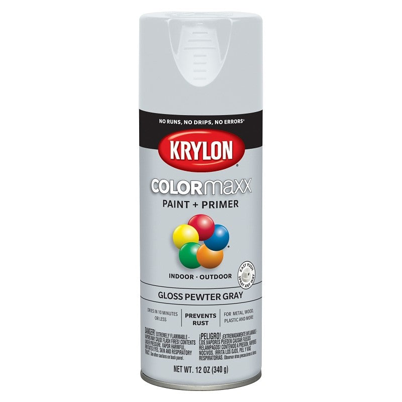 Krylon K05531007 Enamel Spray Paint, 12 oz Can, 25 sq-ft Coverage Area, Solvent Base, Gloss, Pewter Gray