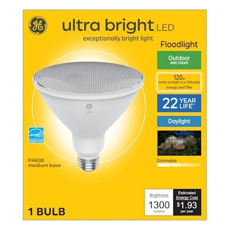 GE Ultra Bright Series 93130317 Floodlight Bulb, PAR38 Lamp, 120 W Equivalent, Medium Lamp Base, Yes, Clear, Daylight