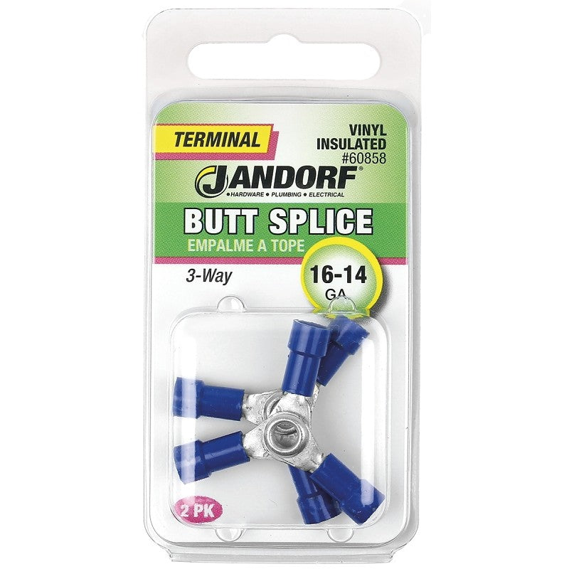 Jandorf 60858 Butt Splice Connector, 16 to 14 AWG Wire, Vinyl Insulation, Copper Contact, Tin, Blue, 2/PK