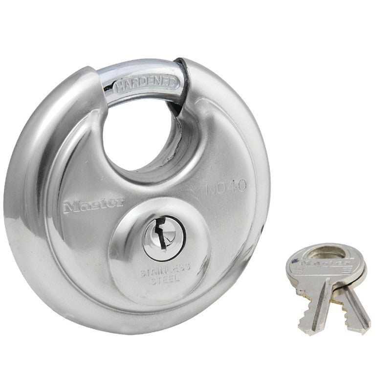Master Lock 40D Padlock, Keyed Different Key, Shrouded Shackle, 3/8 in Dia Shackle, Steel Shackle, Stainless Steel Body