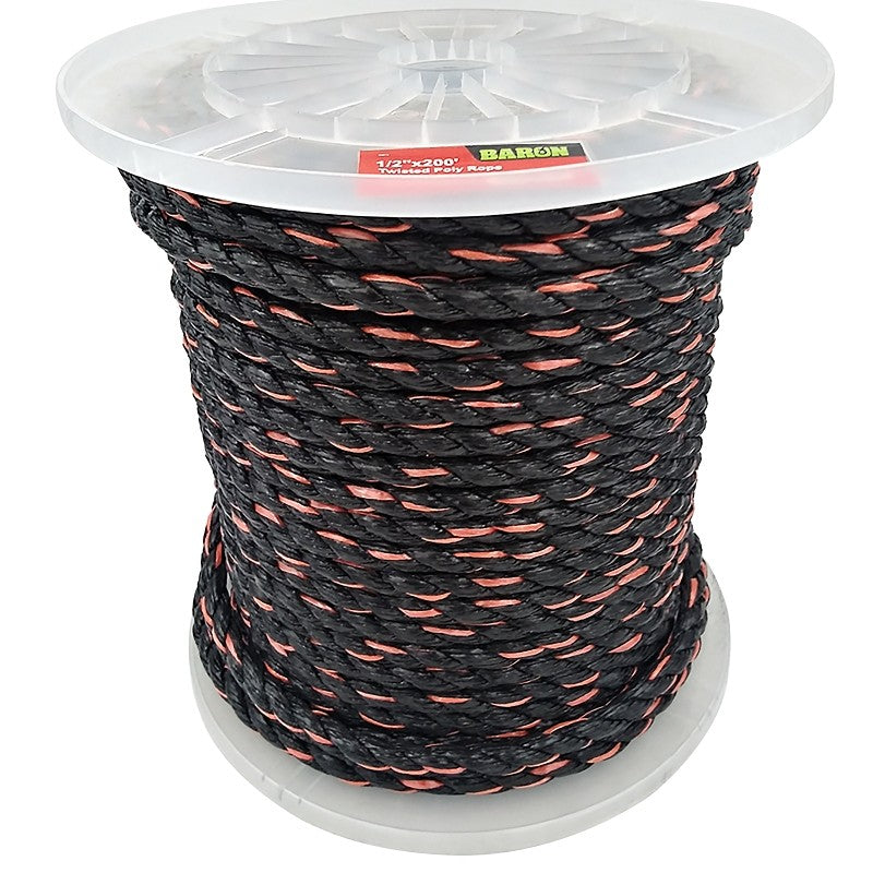 Baron 54613 Rope, 1/2 in Dia, 200 ft L, 420 lb Working Load, Polypropylene, Black/Orange