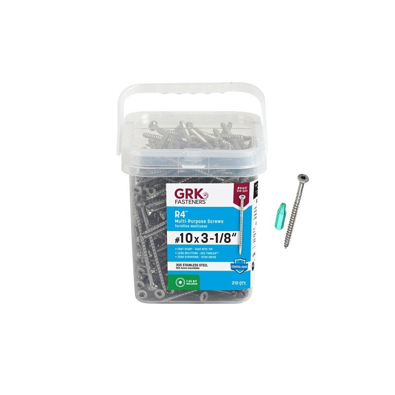 GRK Fasteners 61637 Framing and Decking Screw, #10 Thread, 3-1/8 in L, W-Cut Thread, Bugle Head, Star Drive, 210 PK