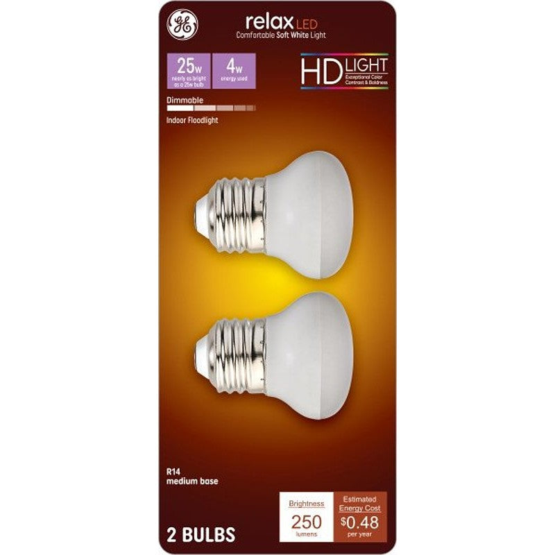 GE 46960 LED Bulb, R14 Lamp, 25 W Equivalent, Medium Lamp Base, Dimmable, 2700 K Color Temp