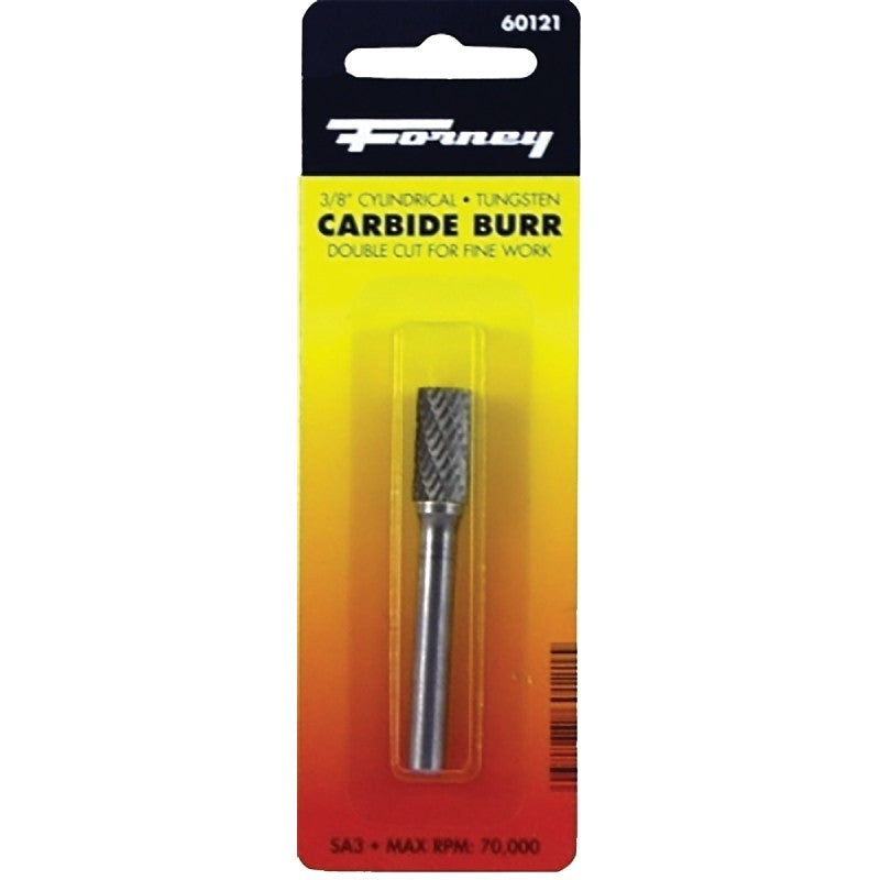 Forney 60121 Burr, 3/8 in Dia Cutting, 1/4 in Shank, Cylinder Shank, Tungsten Carbide Cutting Edge