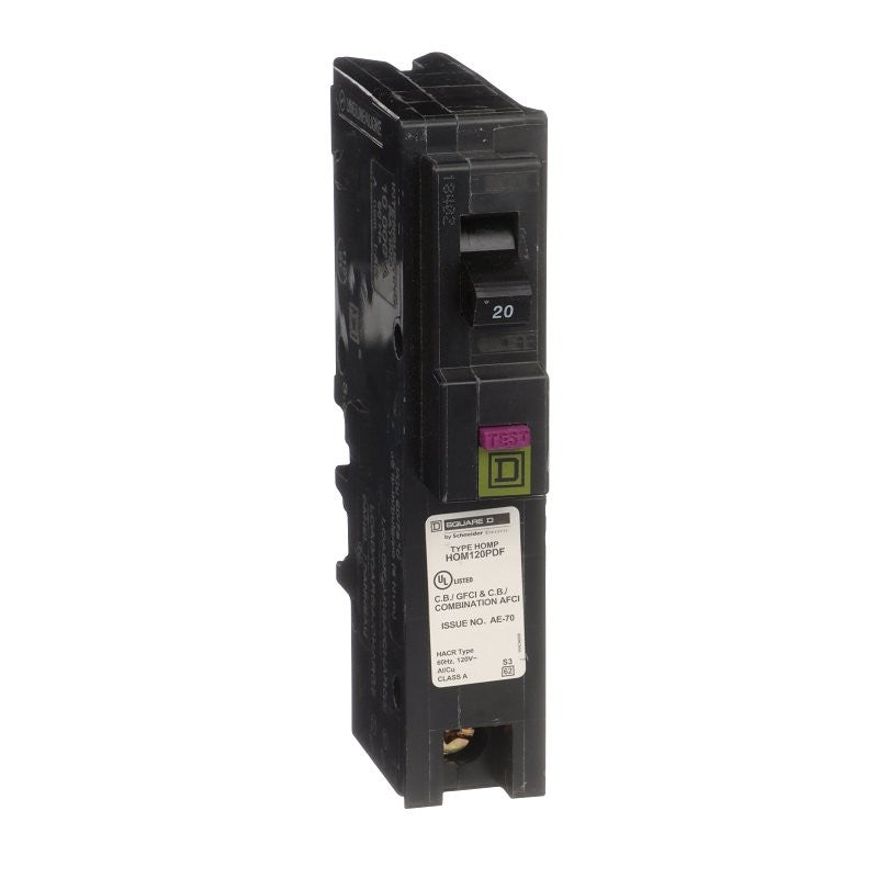Square D HOM120PDFC Circuit Breaker, Dual Function, Mini, 20 A, 1-Pole, 120 V, Plug
