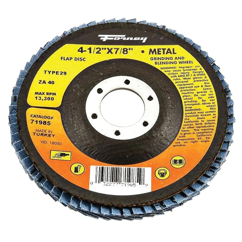 Forney 71985 Flap Disc, 4-1/2 in Dia, 7/8 in Arbor, 40 Grit, Medium, Zirconia Aluminum Abrasive