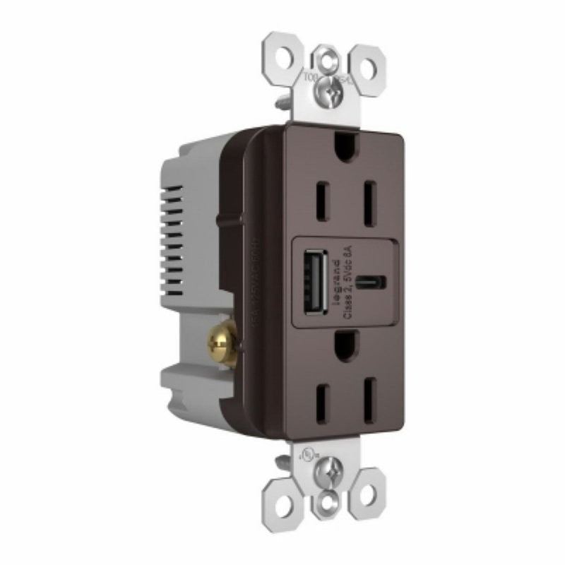 Legrand radiant R26USBAC6DBCCV4 USB Outlet, 15 A, 125 V, Type A, C USB, NEMA: NEMA 5-15R, Dark Bronze