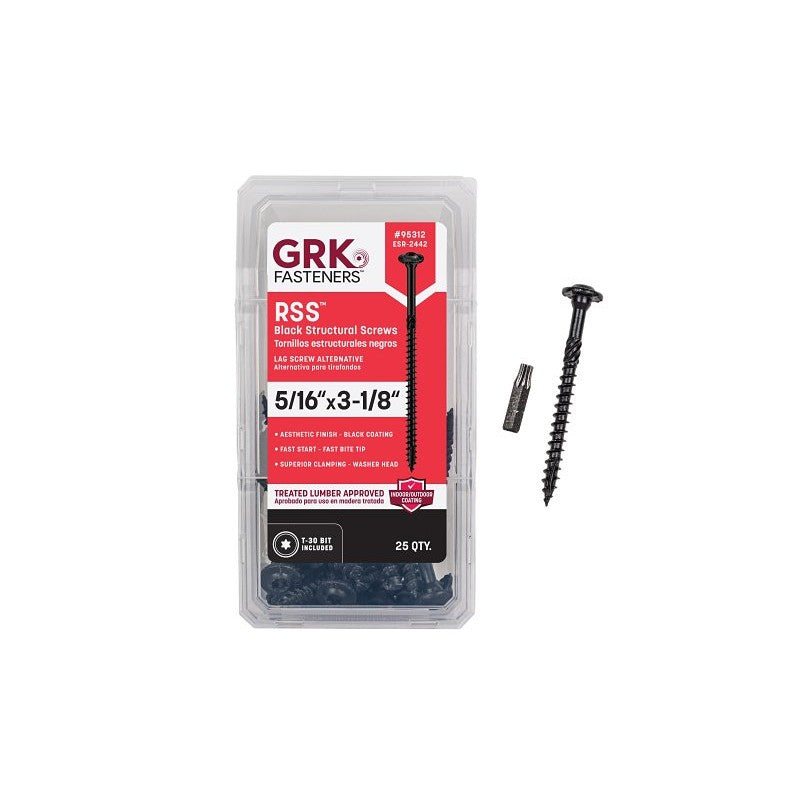 GRK Fasteners RSS Series 95312 Structural Screw, 3-1/8 in L, Coarse Thread, Washer Head, Torx Drive, Steel, Zinc-Plated
