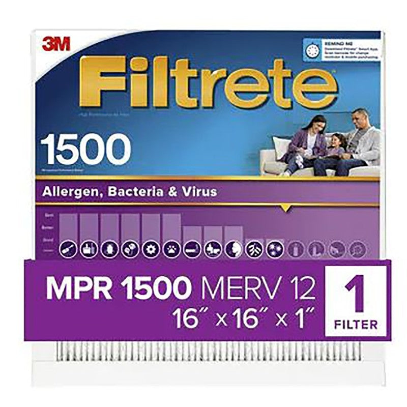 Filtrete 2016DC-4 Allergen, Bacteria & Virus Air Filter, 1500 MPR, 2016DC-4, 16 in x 16 in x 1 in, Pleated, MERV 12 (Pack of 4)