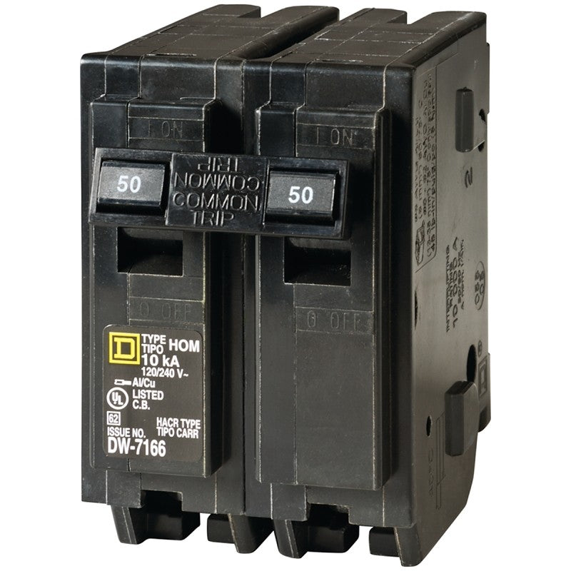 Square D Homeline HOM250C Circuit Breaker, Mini, 50 A, 2 -Pole, 120/240 V, Plug Mounting, Black