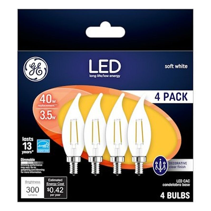 GE 92674 LED Bulb, Decorative, 300 Lumens, 4 W, CA Lamp, 40 W Equivalent, Dimmable, Soft White, 2700 K Color Temp