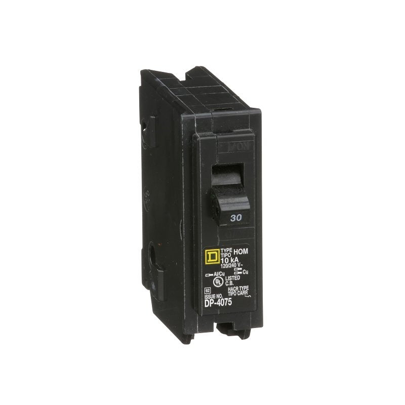Square D Homeline HOM130CP Circuit Breaker, Mini, 30 A, 1 -Pole, 120 V, Fixed Trip, Plug Mounting, Black