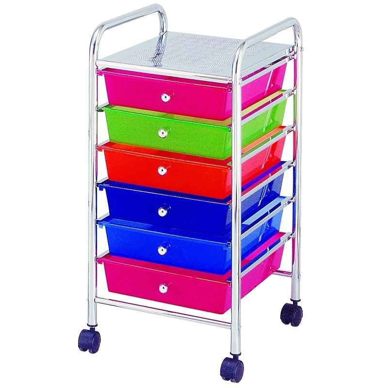 Simple Spaces G006-CH Storage Cart, 13 in OAW, 26 in OAH, 15-3/8 in OAL, 6-Shelf, Blue/Green/Orange/Pink Shelf