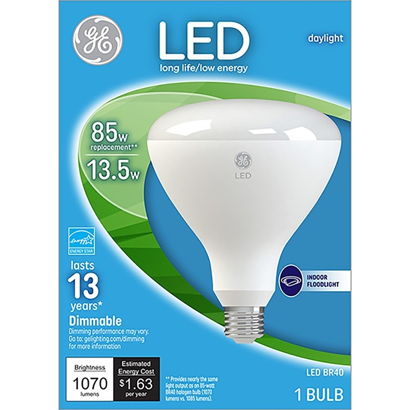GE 35316 LED Bulb, Flood/Spotlight, BR40 Lamp, 85 W Equivalent, E26 Lamp Base, Dimmable, Daylight Light