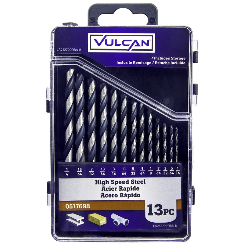 Vulcan 242790OR Plastic Case Drill Bit Set, 13-Piece, High-Speed Steel, Black Oxide/Polished