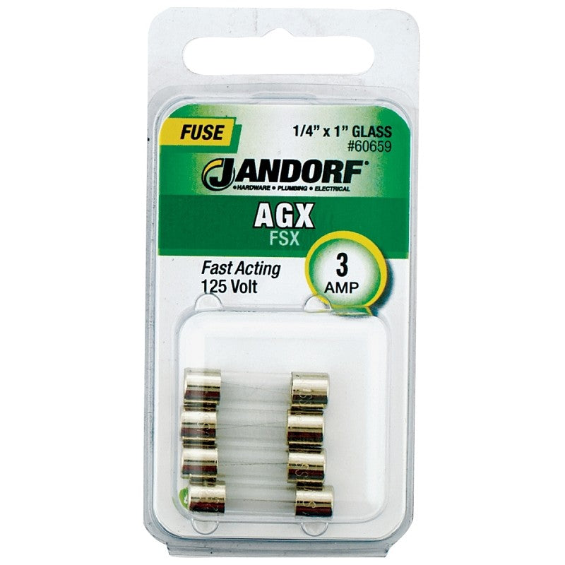 Jandorf 60659 Fast Acting Fuse, 3 A, 125 V, 100 A, 10 kA Interrupt, Glass Body