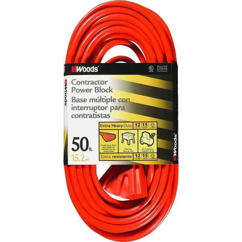 CCI 0819 Extension Cord, 12 AWG Cable, 50 ft L, 15 A, 125 V, Orange