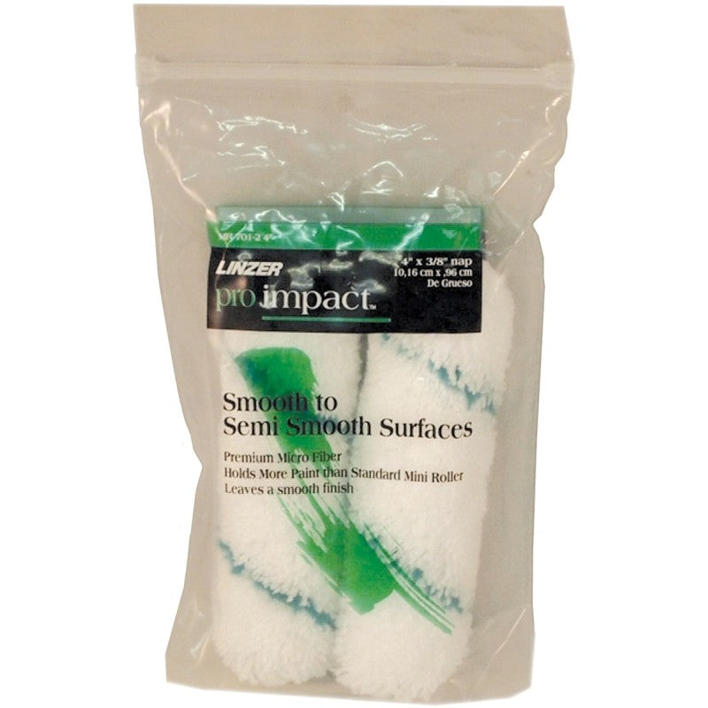 Linzer Pro Edge MR701-2 4 Mini Paint Roller Cover, 3/8 in Thick Nap, 4 in L, Microfiber Cover, Green/White