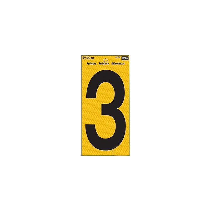 Hy-Ko RV-75/3 Reflective Sign, Character: 3, 5 in H Character, Black Character, Yellow Background, Vinyl (Pack of 10)