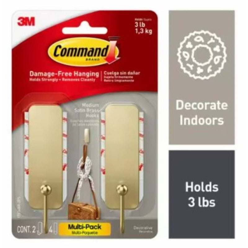 3M 17034BR-2ES Medium Hook, 2-Hook, Brass, Satin