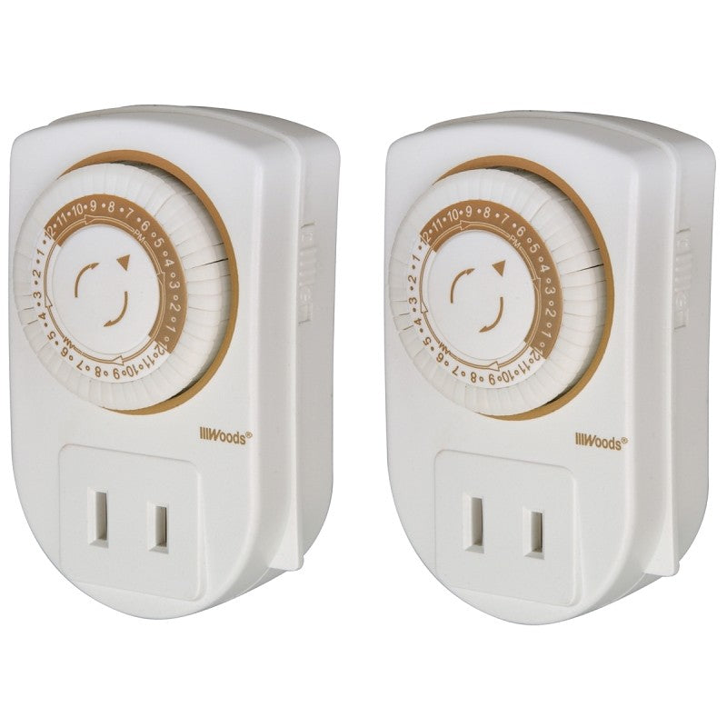 Woods 50006 Mechanical Timer, 15 A, 125 V, 1875 W, White, 24 hr Time Setting, 24 On/Off Cycles Per Day Cycle