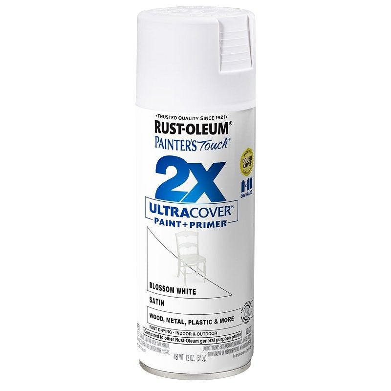 Rust-Oleum Painter's Touch 2X Ultra Cover 346950 Spray Paint, Satin, Blossom White, 12 oz, Aerosol Can