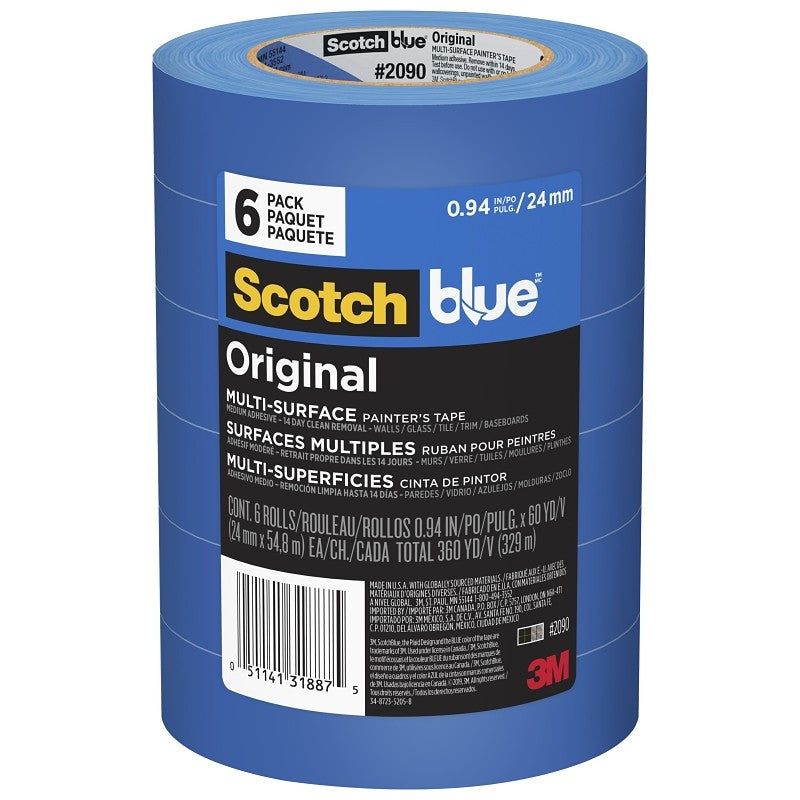 ScotchBlue 2090-24EVP Painter's Tape, Original Multi-Surface, 60 yd L, 0.94 in W, Crepe Paper Backing, Blue, 6/PK