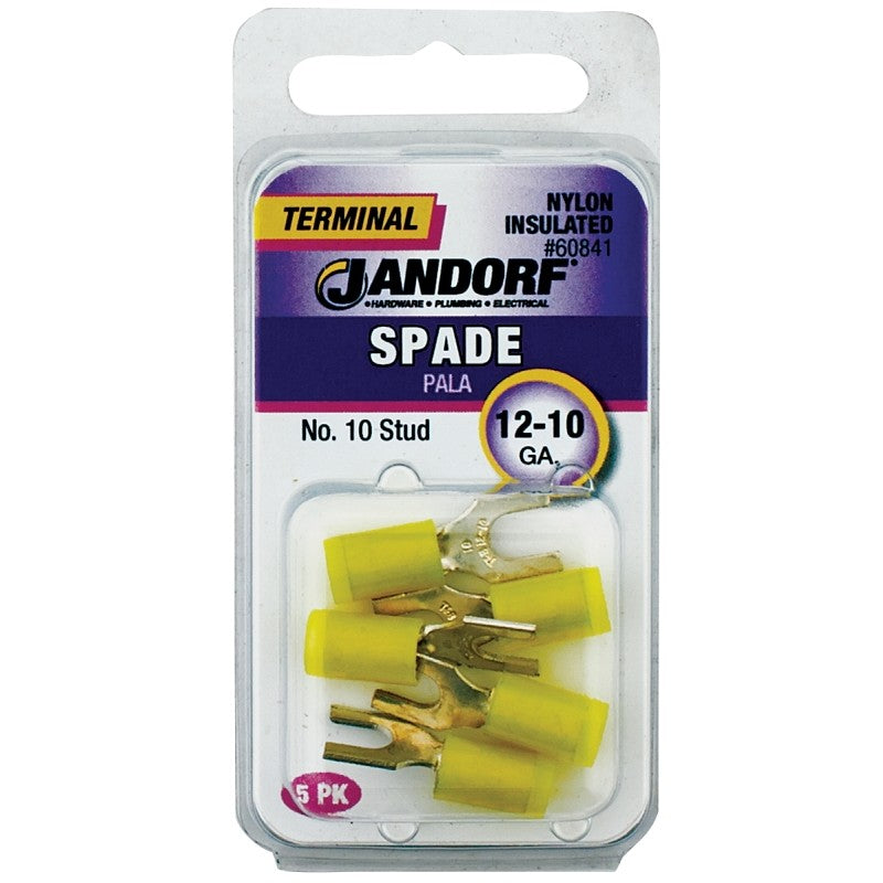 Jandorf 60841 Spade Terminal, 600 V, 12 to 10 AWG Wire, #10 Stud, Nylon Insulation, Copper Contact, Yellow