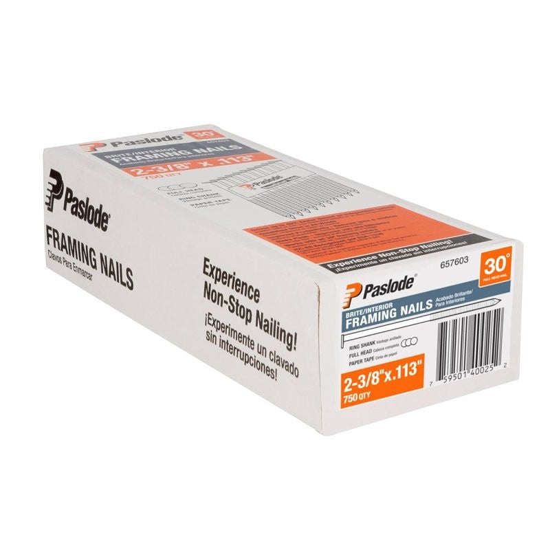 Paslode 657603 Framing Nail, 2-3/8 in L, Steel, Brite, Round Head, Ring Shank