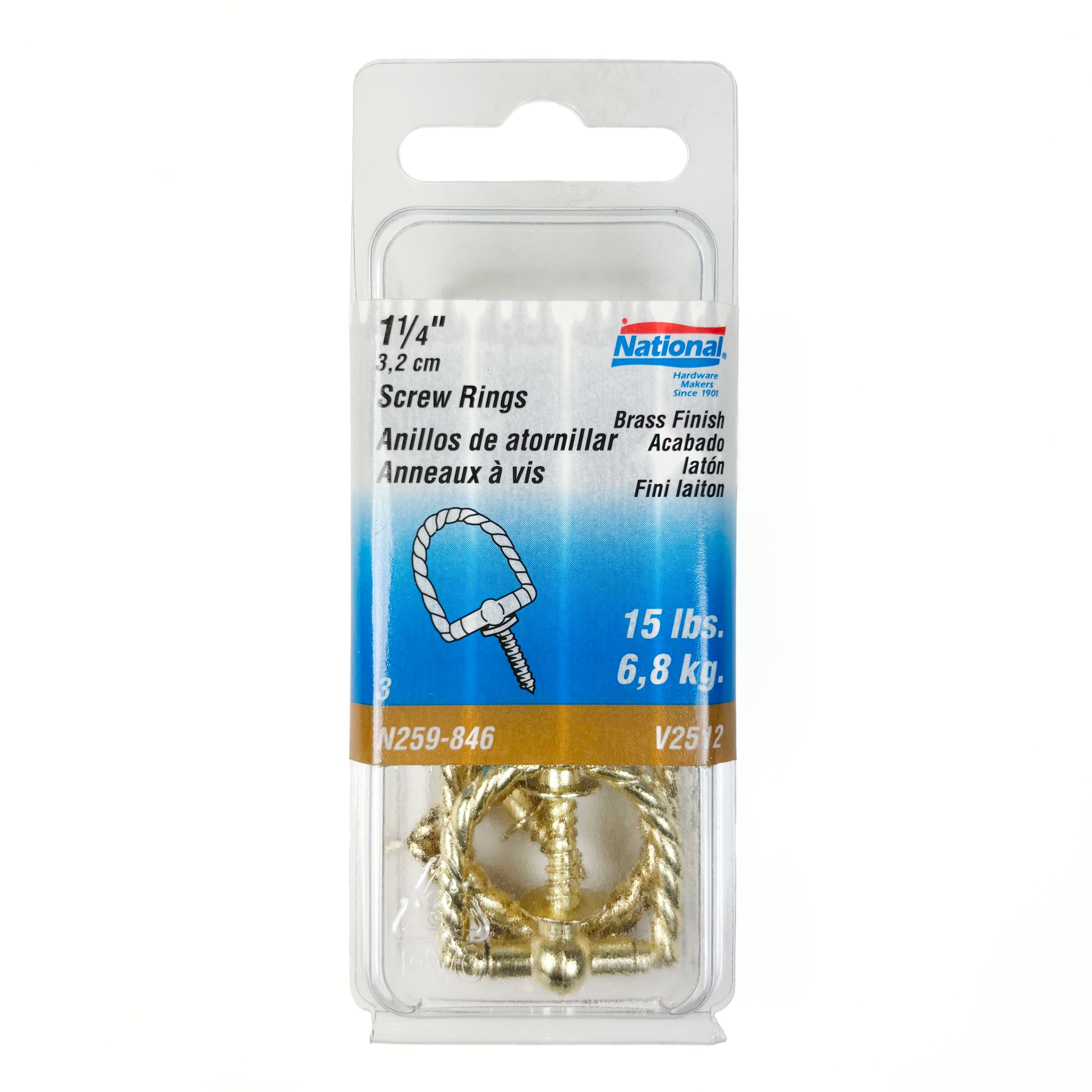 Round Rope Screw Rings 1-1/4 Inch Bright Brass Die Cast 3 Pack (POS)