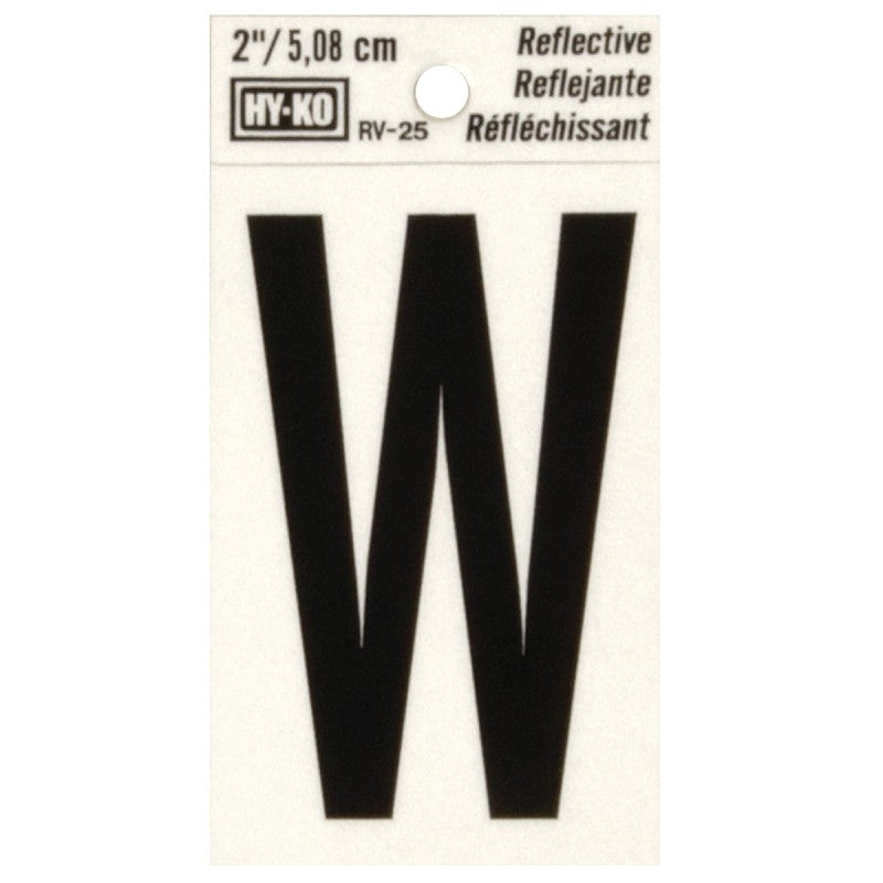 Hy-Ko RV-25/W Reflective Letter, 1-1/2 in W x 3 in H Dimensions, Character: W, 2 in H Character, Black Character, Vinyl (Pack of 10)