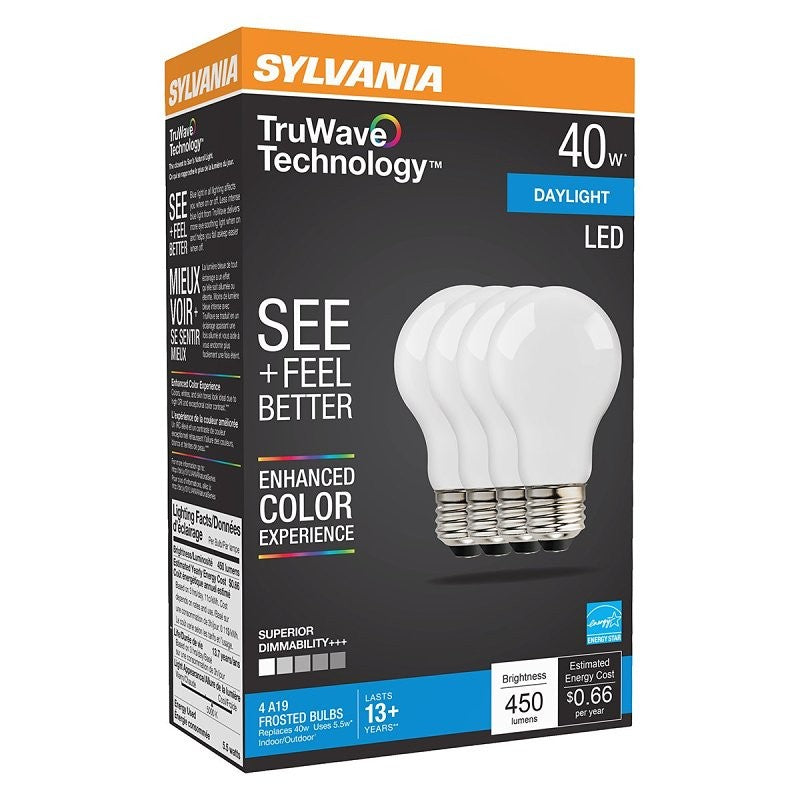 Sylvania 40669 LED Bulb, General Purpose, 5.5 W, A19 Lamp, E26 Lamp Base, Dimmable, Daylight, 5000 K Color Temp