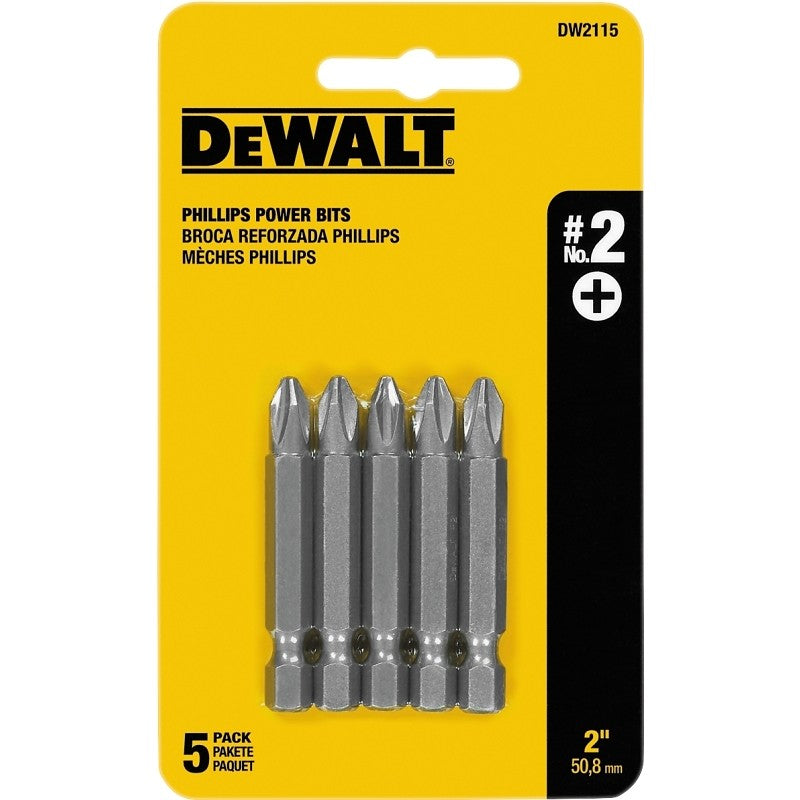 DEWALT DW2115 Power Bit, #2 Drive, Phillips Drive, 1/4 in Shank, Hex Shank, 2 in L, Tool Steel, 5/PK