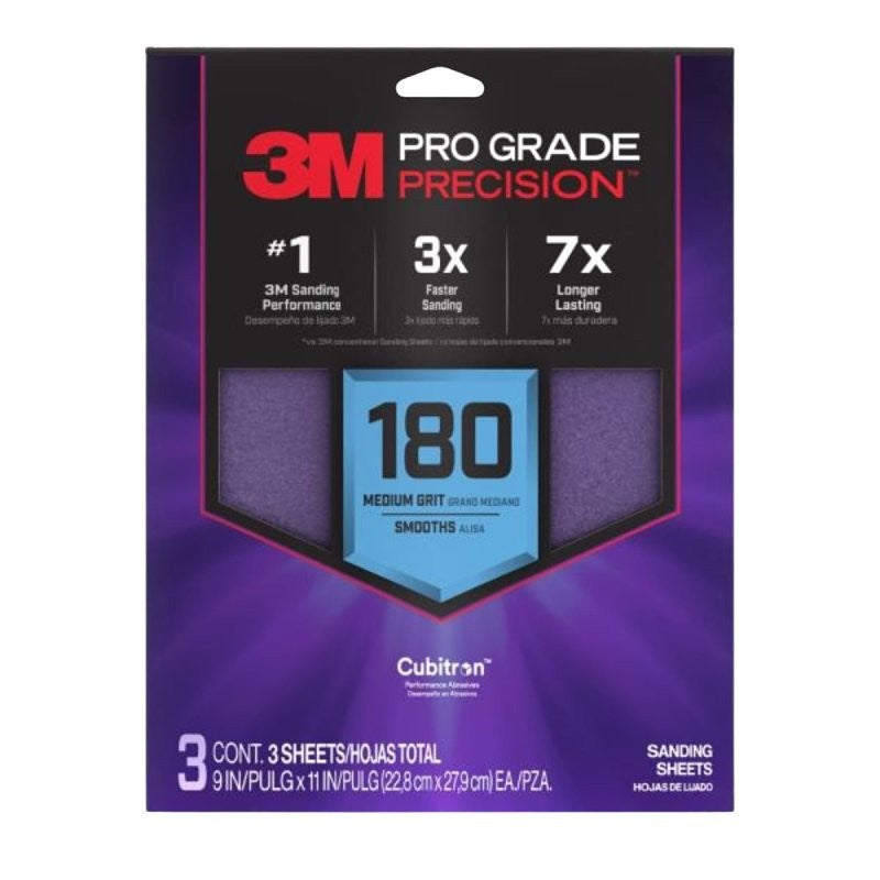 Pro Grade Precision SHR180-PGP-3T Sanding Sheet, 9 in L, 11 in W, Fine, 180 Grit, Ceramic Alumina Abrasive