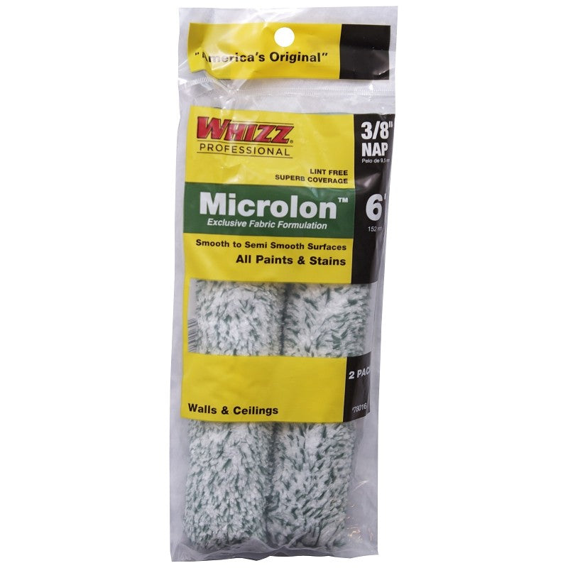 Whizz 78016 Mini Roller Cover, 3/8 in Thick Nap, 6 in L, Microlon Cover, 2/PK