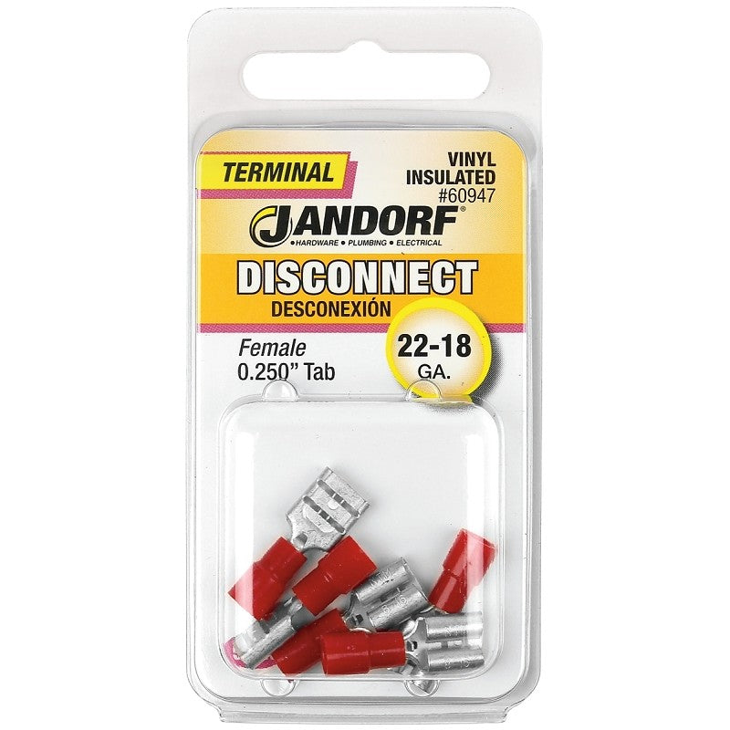 Jandorf 60947 Disconnect Terminal, 22 to 18 AWG Wire, Vinyl Insulation, Copper Contact, Tin, Red, 5/PK