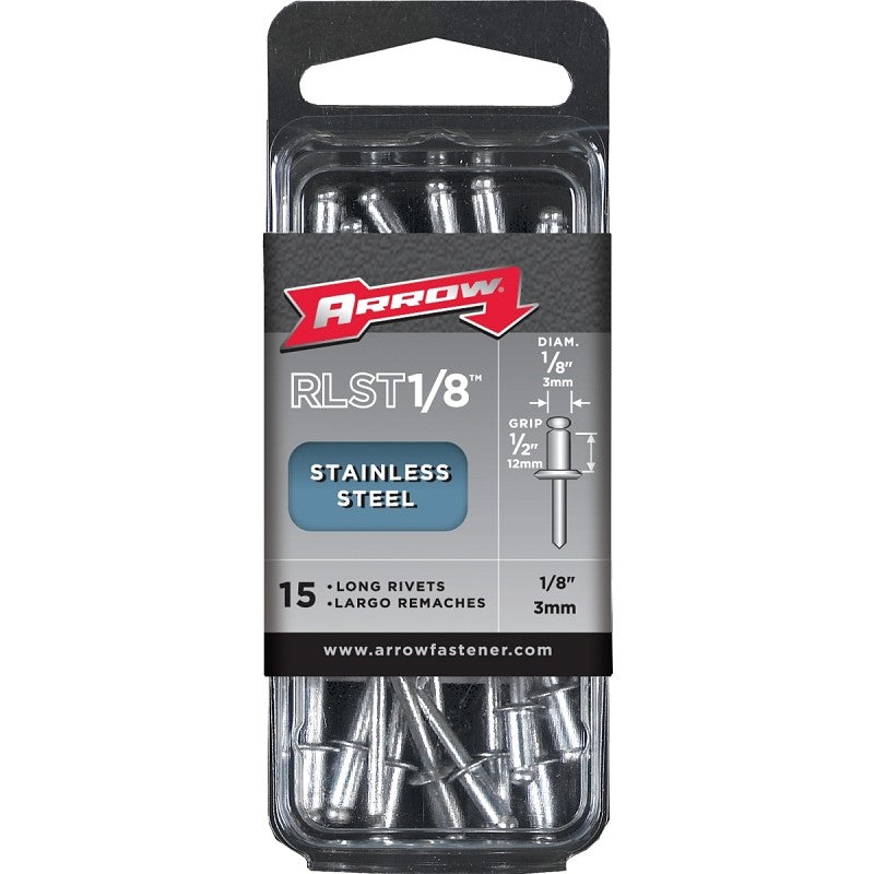 Arrow RLST1/8 Pop Rivet, Long, 1/2 in L, Stainless Steel