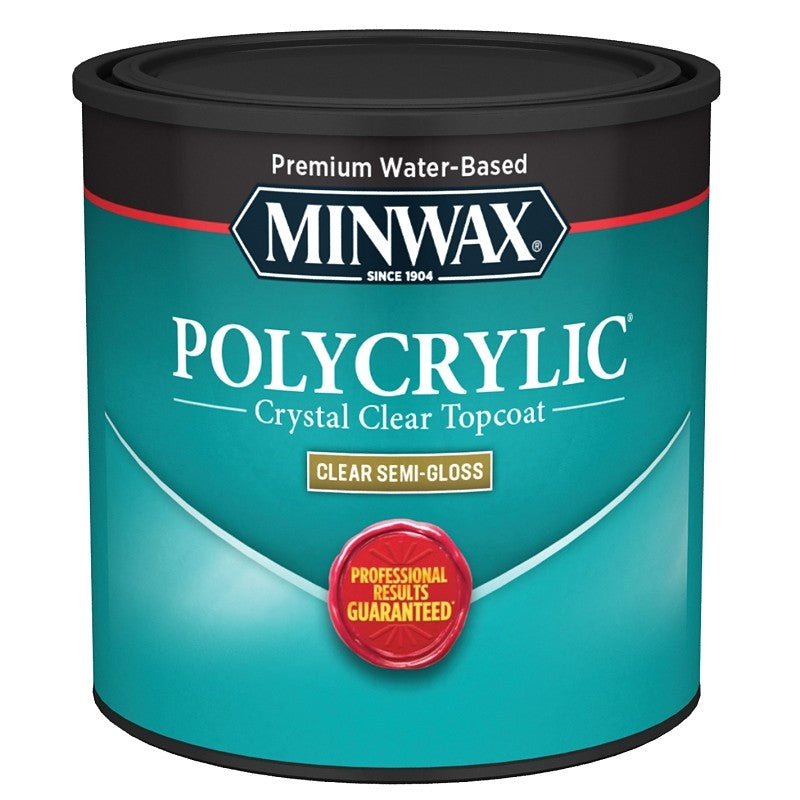 Minwax Polycrylic 244444444 Waterbased Polyurethane, Semi-Gloss, Liquid, Crystal Clear, 0.5 pt, Can