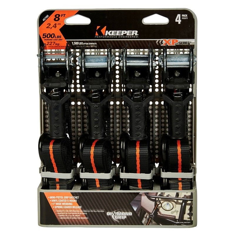 Keeper 45766 Tie-Down, Ratchet Adjustment, 1 in W, 8 ft L, 500 lb Working Load, S-Hook End, 4/PK