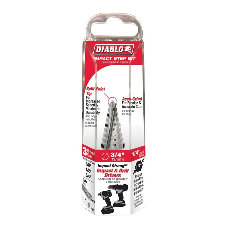 Diablo DSD0750S09 Step Drill Bit, 3/8 to 3/4 in Dia, 2-19/32 in OAL, Dual Flute, 1/4 in Dia Shank, Hex Shank