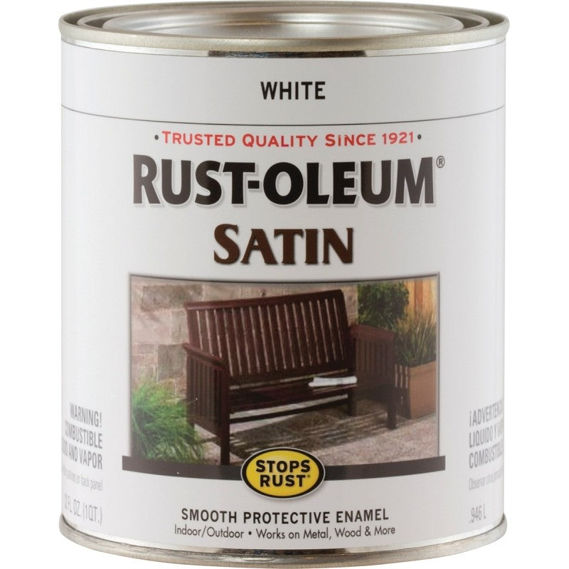 Rust-Oleum 7791502 Enamel Paint, Satin, White, 1 qt, Can, 60 to 100 sq-ft/qt Coverage Area