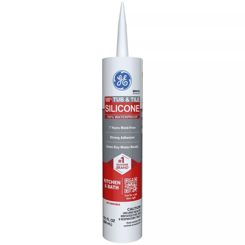 GE Silicone 1 2749484 Tub & Tile Sealant, White, 24 hr Curing, 10.1 fl-oz Cartridge