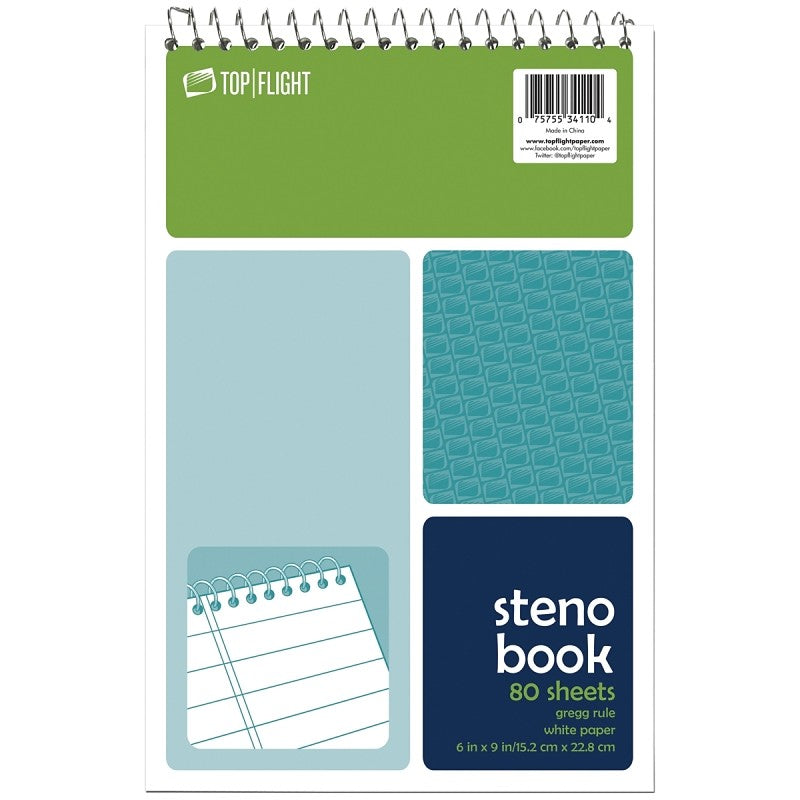 Top Flight 4600948 Steno Pad, Rule Sheet, 6 in L x 9 in W Sheet, 80-Sheet, White Sheet, Wirebound Binding (Pack of 6)