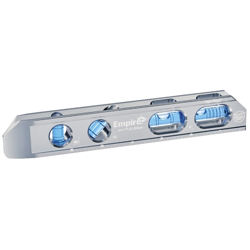 Empire True Blue Series EM71.8 Magnetic Billet Torpedo Level, 8 in L, 4-Vial, Magnetic, Aluminum, Silver