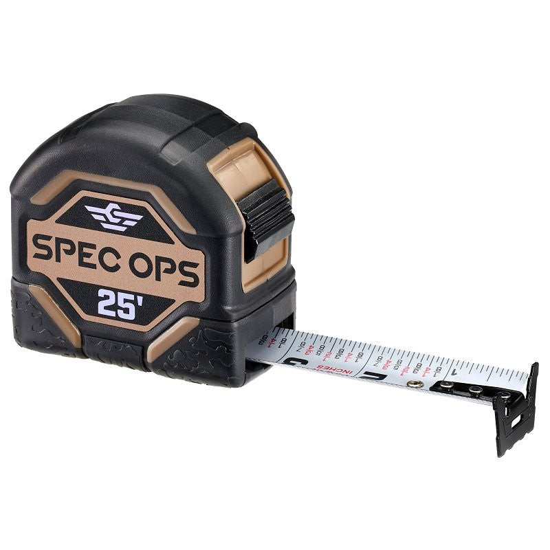 Spec Ops SPEC-TM25 Tape Measure, 25 ft L Blade, Composite Case, Black/Flat Dark Earth Case