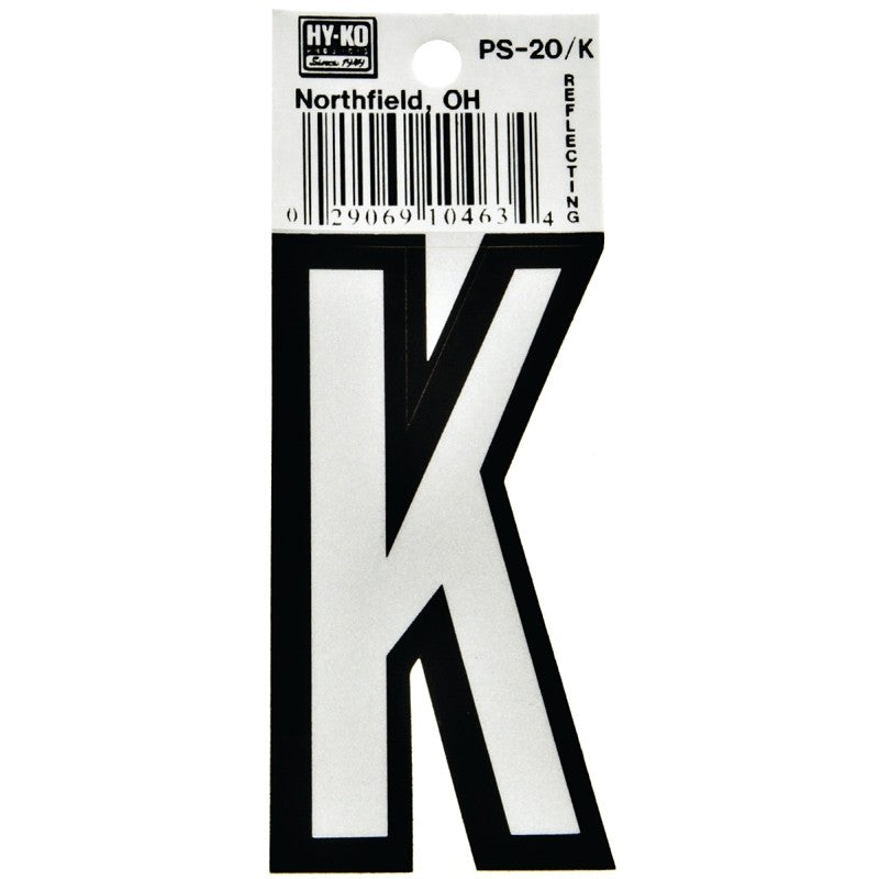 Hy-Ko PS-20/K Reflective Letter, Character: K, 3-1/4 in H Character, Black/White Character, Vinyl (Pack of 10)